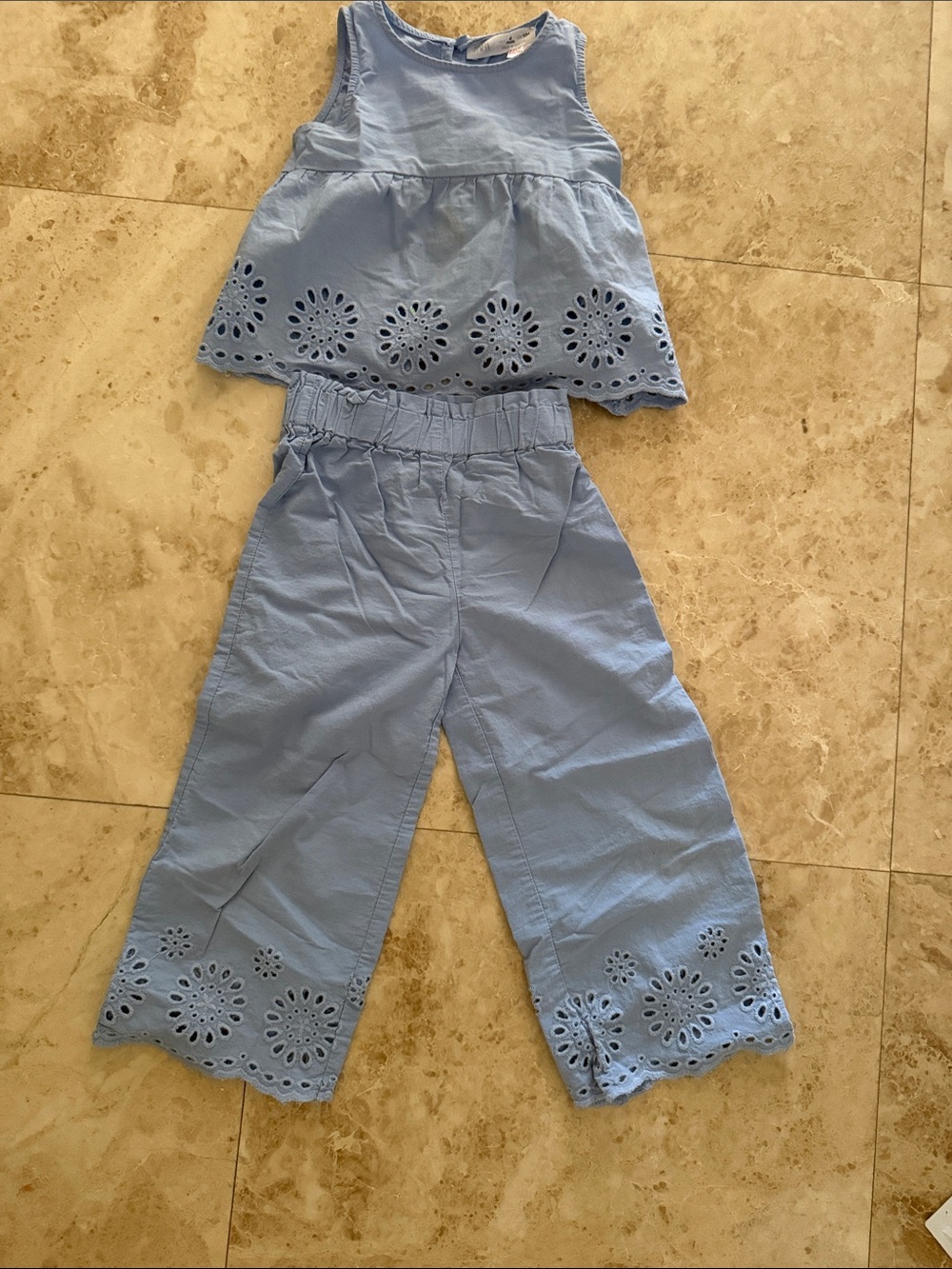 Zara Light Blue Eyelet Two-Piece Set - Top & Wide-Leg Pants